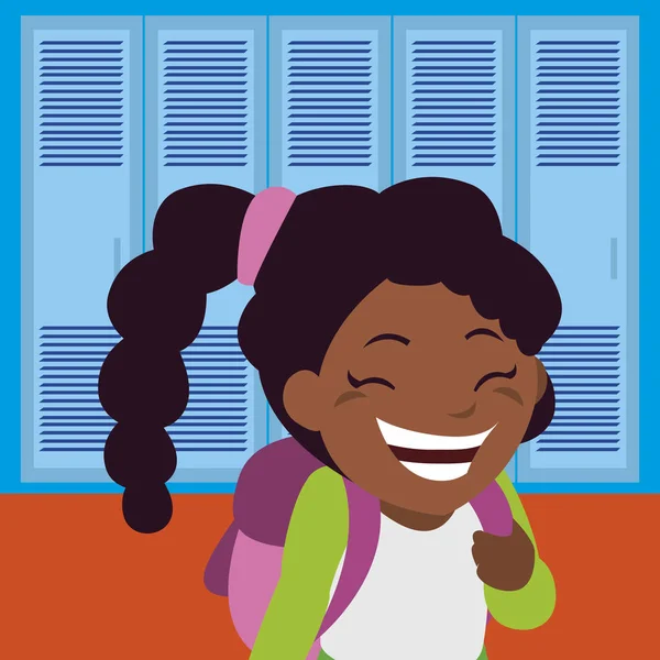 Mały czarny uczennica z tornister w szkolnym korytarzu — Wektor stockowy