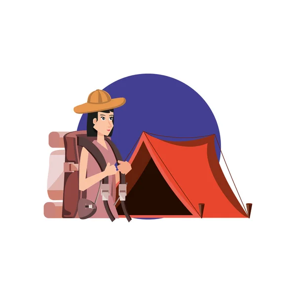 Voyageur femme avec sac de voyage et tente camping — Image vectorielle