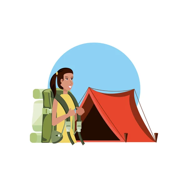 Reisenden Frau mit Reisetasche und Zelt campen — Stockvektor