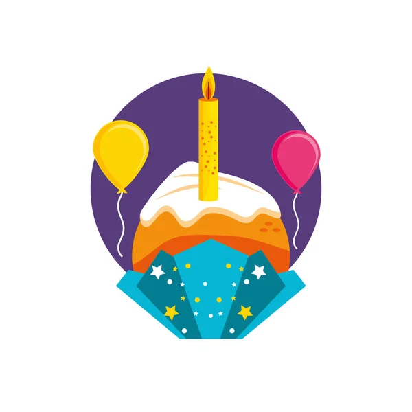 Вкусный кекс со свечой дня рождения и воздушными шарами гелий — стоковый вектор