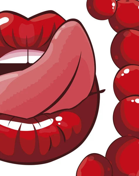 性感的女性嘴唇与樱桃水果流行艺术风格 — 图库矢量图片
