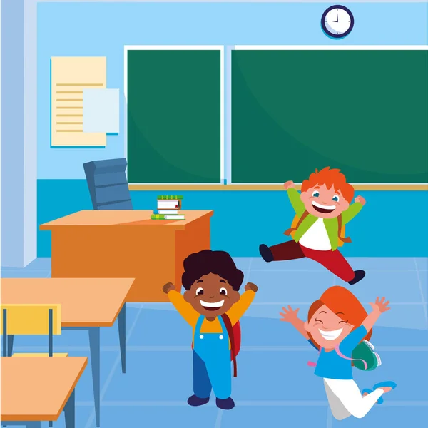Heureux petits écoliers interracial dans la salle de classe — Image vectorielle