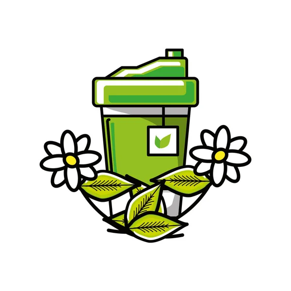 有花洋甘菊的茶叶草本植物容器塑料 — 图库矢量图片