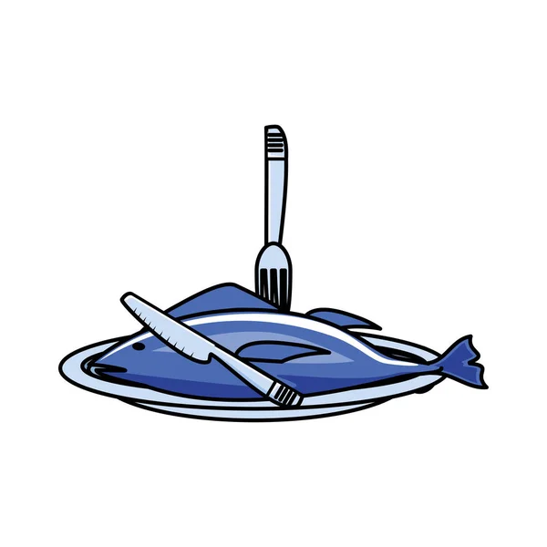 Comida fresca de pescado en plato con cubiertos — Vector de stock