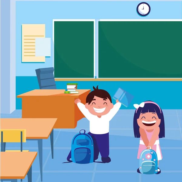 Niños felices de la escuela en el aula — Vector de stock