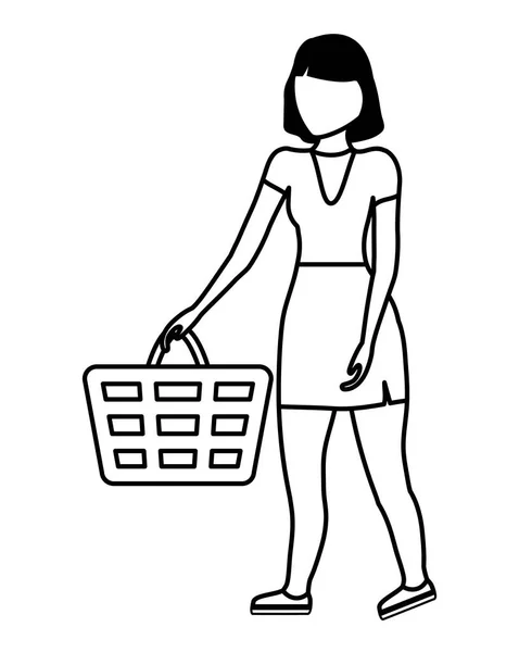 Mujer con cesta de la compra icono aislado — Vector de stock