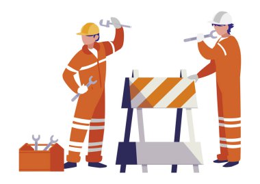 Çift erkekler inşaatçılar çit sinyal ile çalışma