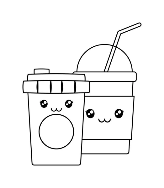 Café en recipiente de plástico con batido kawaii — Vector de stock