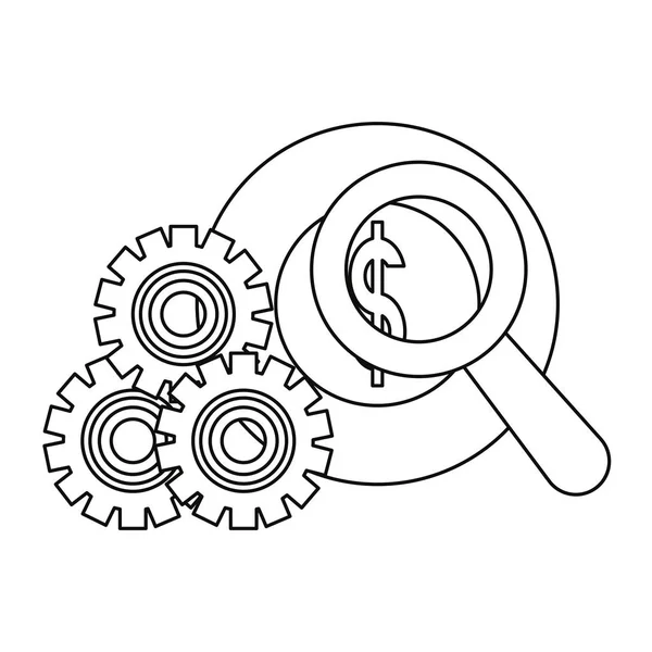 Moneda dinero lupa engranajes — Archivo Imágenes Vectoriales