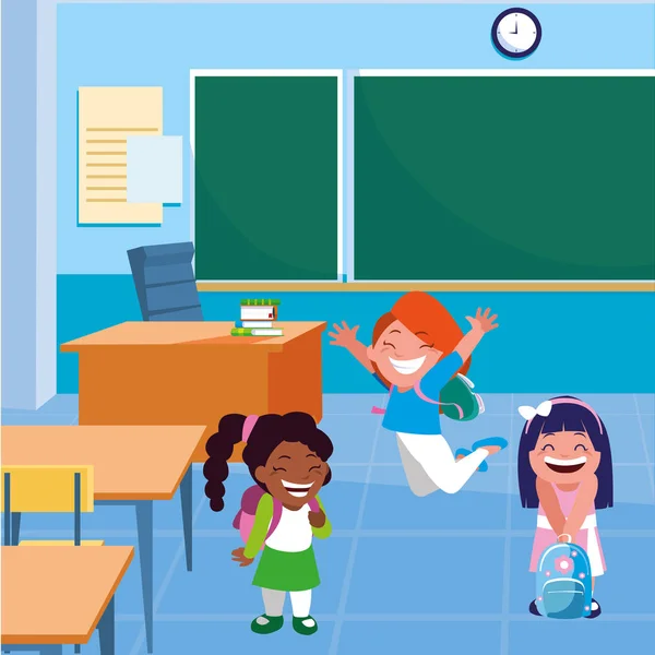 Feliz pouco escola interracial meninas na sala de aula —  Vetores de Stock