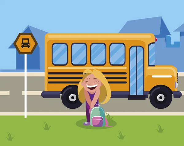 Šťastná Malá školačka Schoolbag v zastávce — Stockový vektor