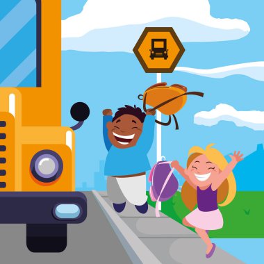 mutlu küçük Interracial okul çocukları otobüs durağı