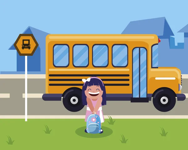 Colegiala feliz con mochila en la parada de autobús — Vector de stock