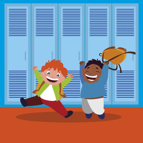 Felici piccoli ragazzi interrazziale nel corridoio della scuola — Vettoriale Stock