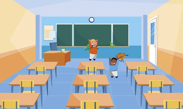 교실에서 행복 한 작은 interracial 소년 — 스톡 벡터