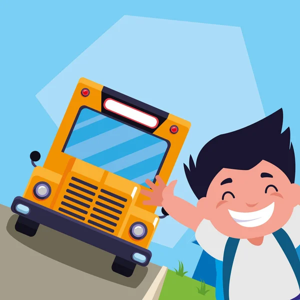 Liten skolpojke med skolväskan i busshållplatsen — Stock vektor