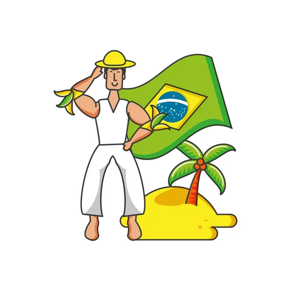 Mann mit brasilianischer Flagge am Strand — Stockvektor