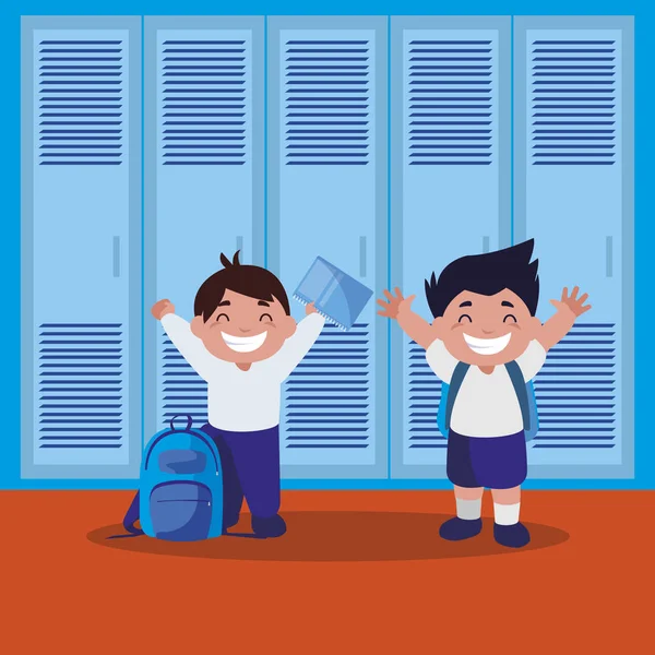 快乐的小学生在学校走廊 — 图库矢量图片