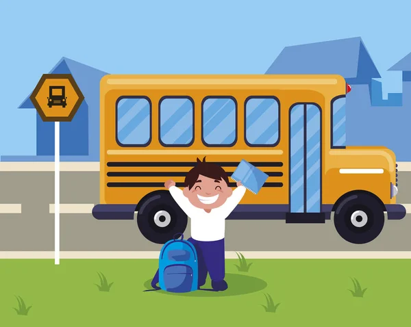 Liten skolpojke med skolväskan i busshållplatsen — Stock vektor