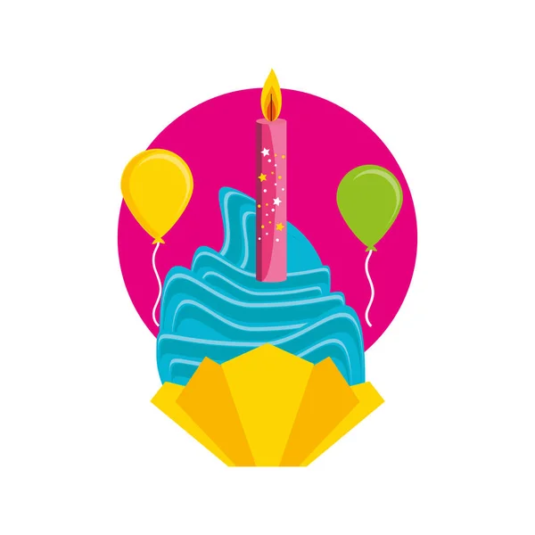 맛 있는 컵 케 익 생일 및 풍선 헬륨의 촛불 — 스톡 벡터
