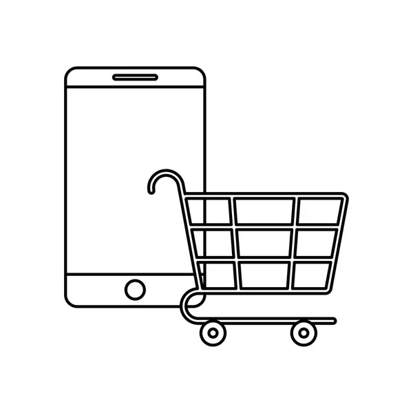 Winkelwagen met smartphone geïsoleerde pictogram — Stockvector