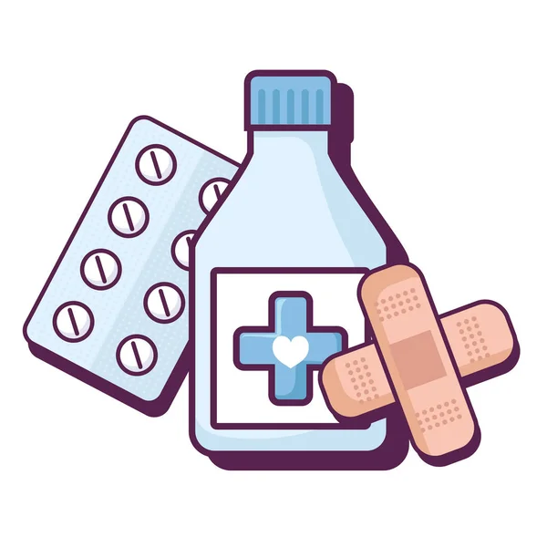 Frasco de medicamentos con vendas y pastillas — Vector de stock