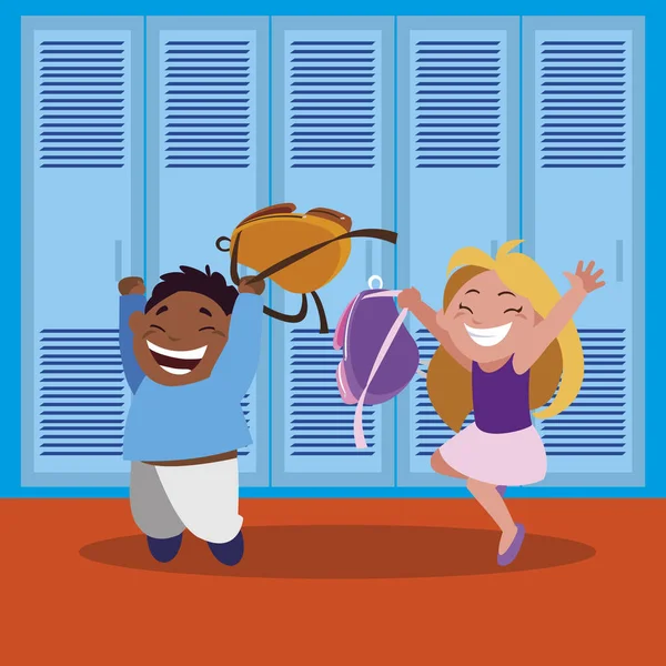 Glad liten blandras skolbarnen i skolans korridor — Stock vektor