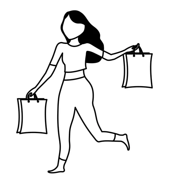 Mujer con bolsas de compras icono aislado — Vector de stock