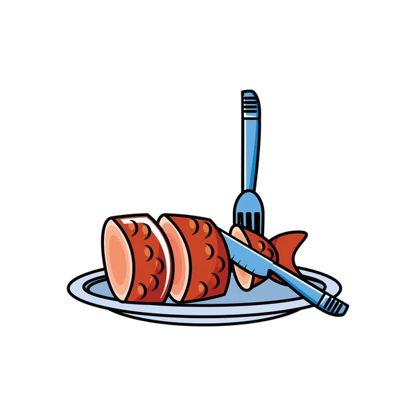 Fresh sausages in dish with cutlery — Stock Vector