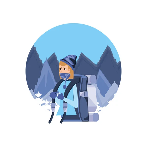 Voyageur femme avec sac de voyage et paysage de neige — Image vectorielle