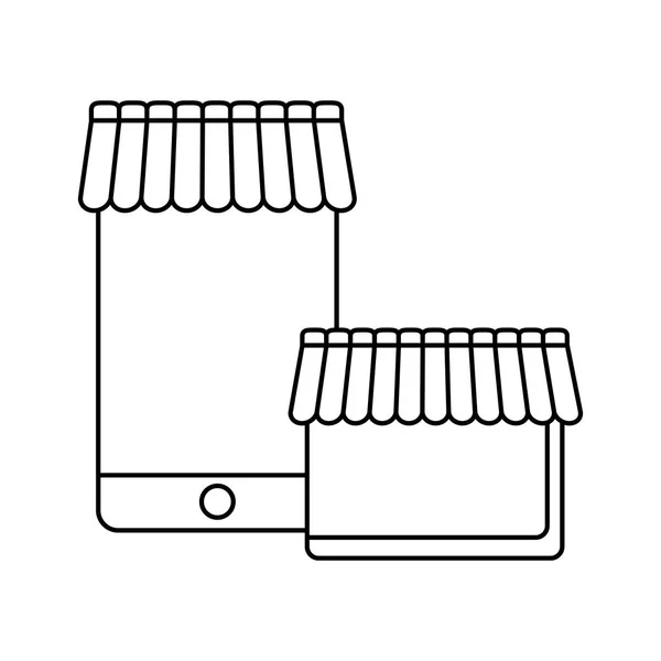 Dispositivo smartphone con negozio e ombrellone — Vettoriale Stock