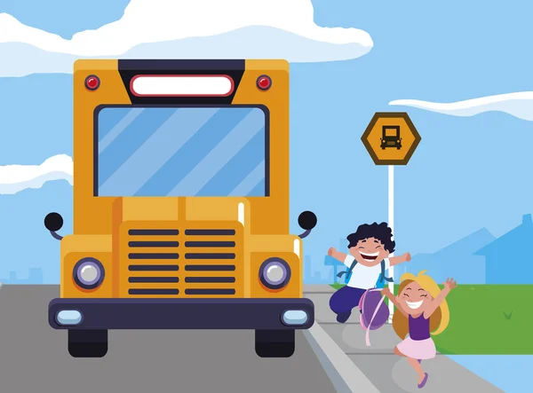 Glada lilla skolbarnen i busshållplatsen — Stock vektor