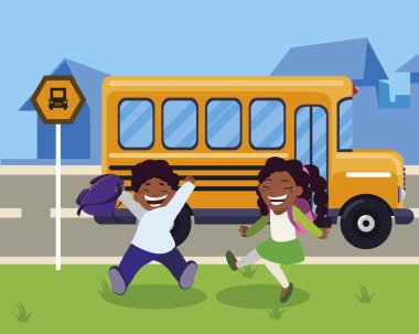 mutlu küçük siyah okul çocukları otobüs durağı