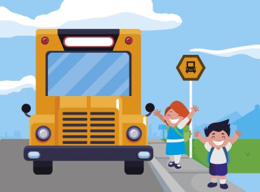 mutlu küçük okul çocukları otobüs durağı