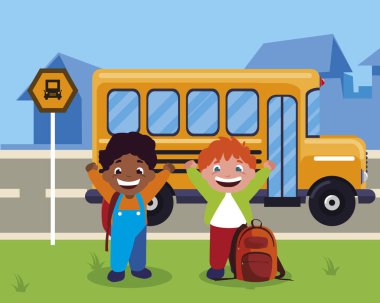 mutlu Interracial çocuk otobüs durağı