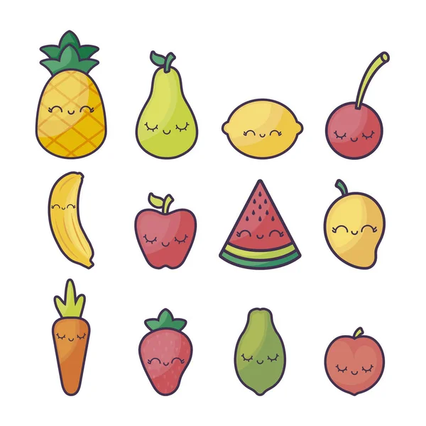 Piña con conjunto de frutas kawaii carácter — Vector de stock