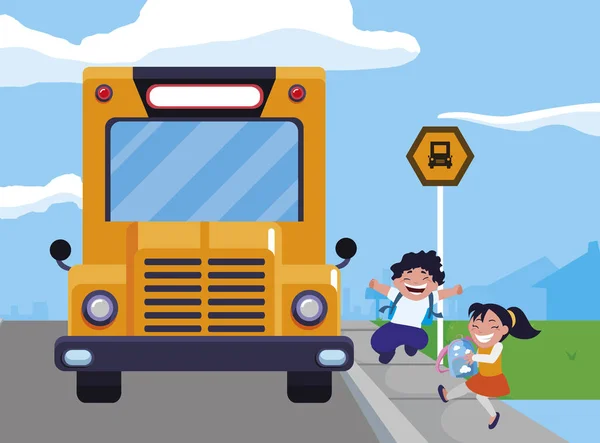 Niños felices de la escuela en la parada de autobús — Archivo Imágenes Vectoriales