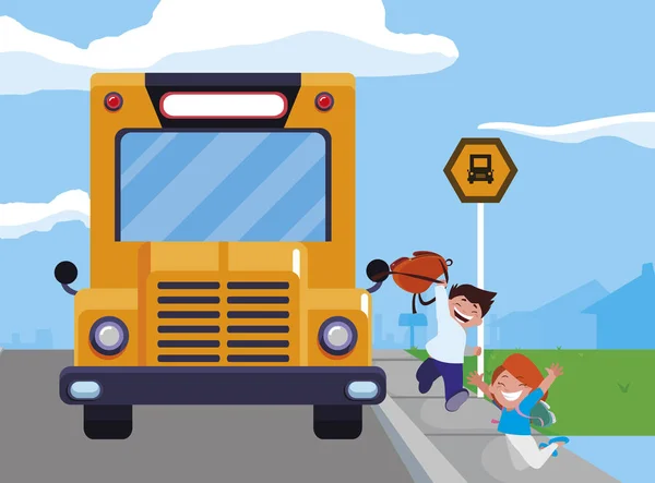 Glada lilla skolbarnen i busshållplatsen — Stock vektor