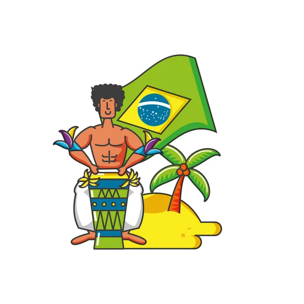 Homem com bandeira brasileira na praia — Vetor de Stock