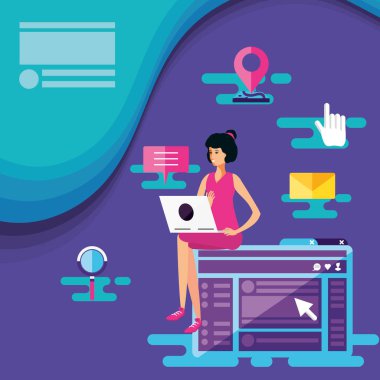 kadın dizüstü bilgisayar ve Sosyal Medya simgeler