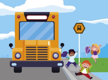 mutlu küçük Interracial okul çocukları otobüs durağı