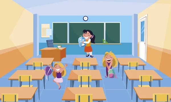 Glada lilla skolflickor i klassrummet — Stock vektor