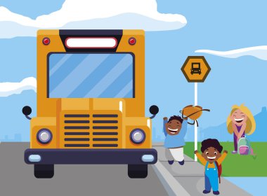 mutlu küçük Interracial okul çocukları otobüs durağı