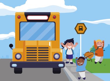 mutlu Interracial çocuk otobüs durağı