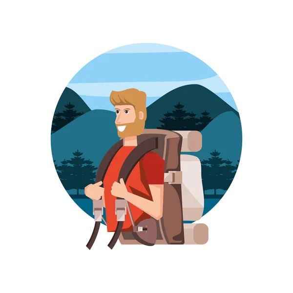 Voyageur homme avec sac de voyage et paysage — Image vectorielle
