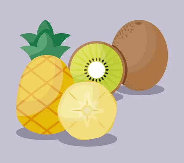 Kiwis frescos con piñas frutas saludables — Vector de stock