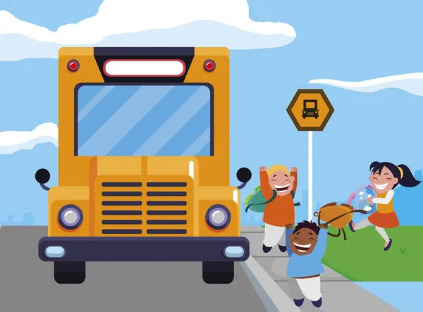 Felices niños de la escuela interracial en la parada de autobús — Archivo Imágenes Vectoriales