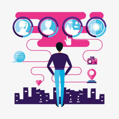 Sosyal medya simgelerine sahip adam