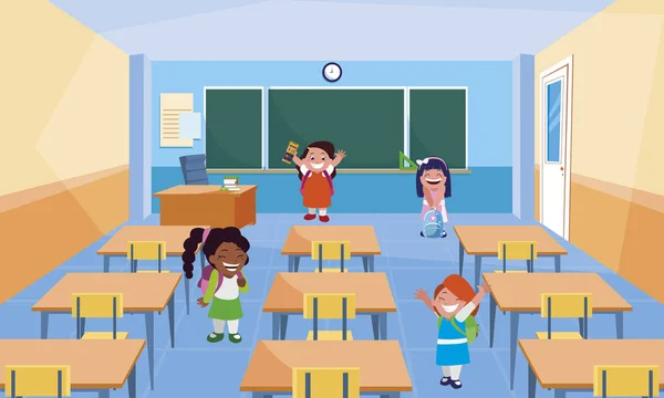 Glad liten blandras skolflickor i klassrummet — Stock vektor