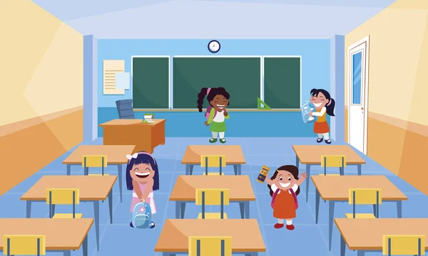 Heureuse petite école interracial filles dans la salle de classe — Image vectorielle